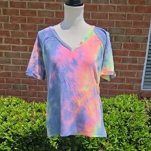 Shop Impressions Vibrant Tie-Dye V-Neck Short Sleeve Top Size M